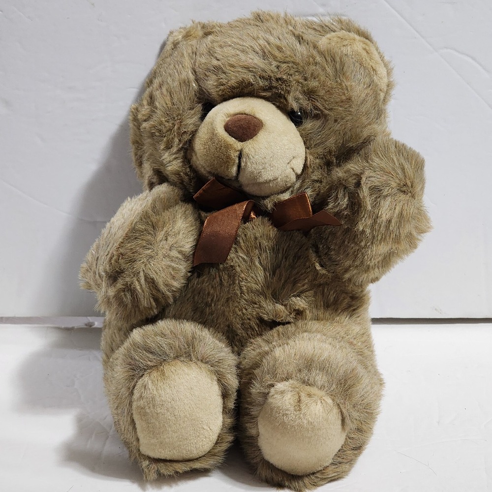 Emily Toys Brown Huggable Teddy Bear Ribbon Bow Plush 14" Sitting Vintage 3072